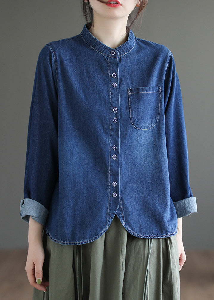 O-Neck Navy Patchwork Asymmetric Button Denim Shirt Spring