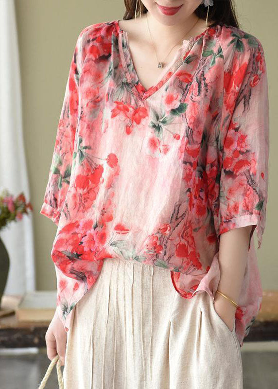 V Neck Print Loose Boutique Pink Autumn Half Sleeve Blouses