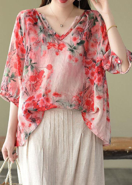 V Neck Print Loose Boutique Pink Autumn Half Sleeve Blouses