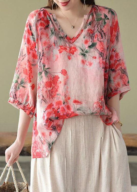 V Neck Print Loose Boutique Pink Autumn Half Sleeve Blouses