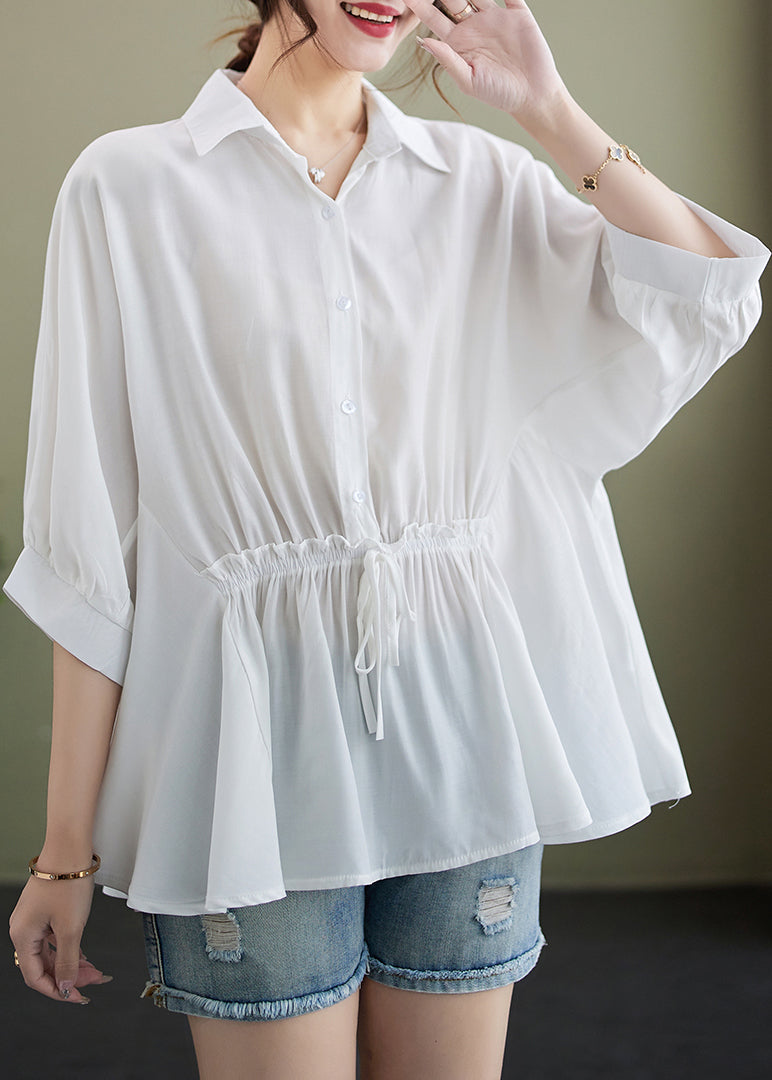 Summer White Cotton Ruffle Cinched Blouse Top