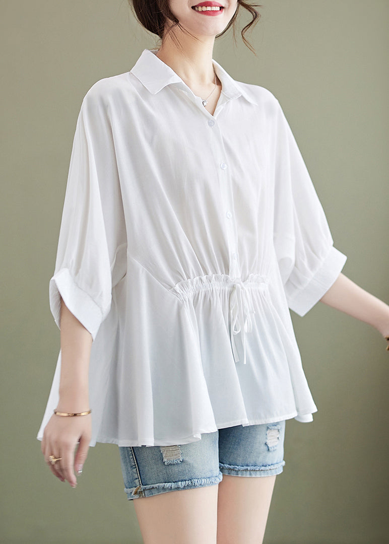 Summer White Cotton Ruffle Cinched Blouse Top