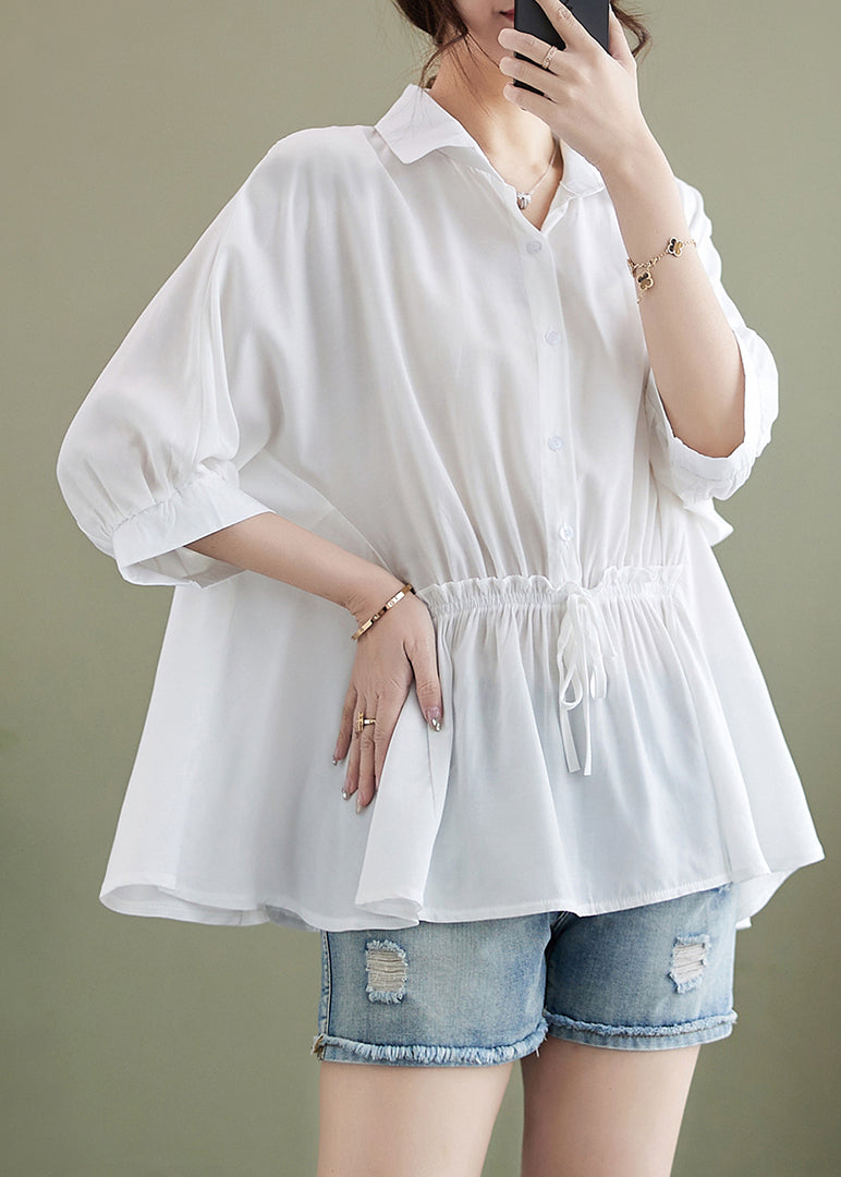 Summer White Cotton Ruffle Cinched Blouse Top