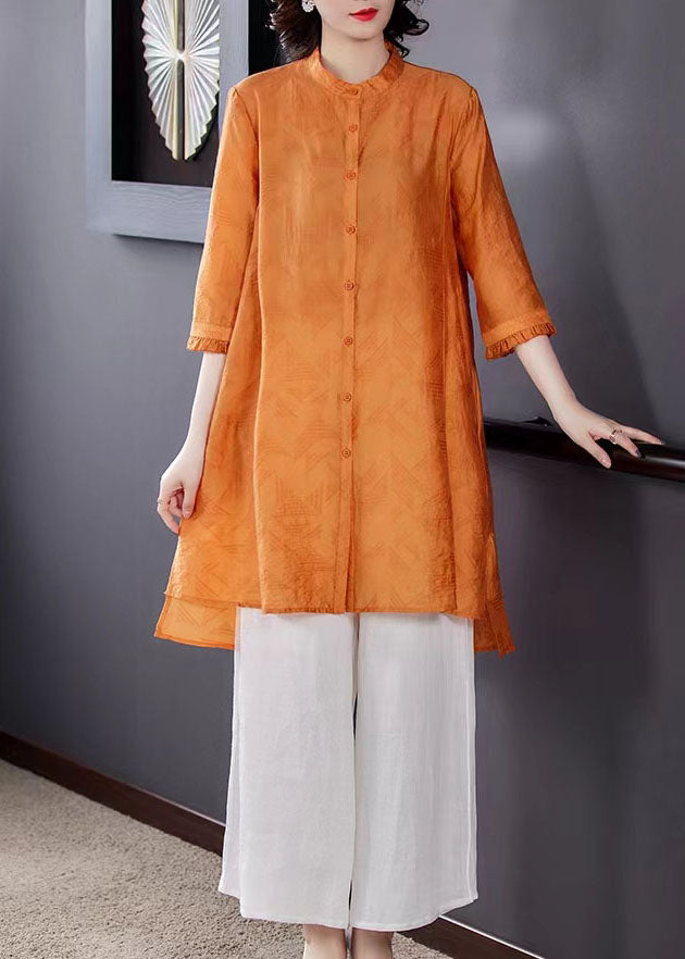 Yellow Stand Collar Top and Pants Linen Two-Piece Spring Set