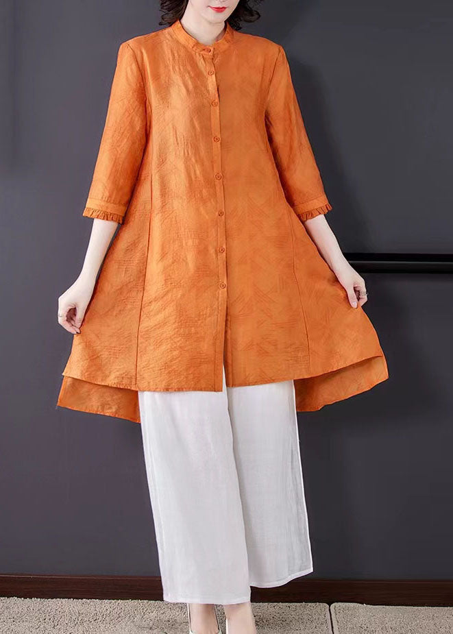 Yellow Stand Collar Top and Pants Linen Two-Piece Spring Set