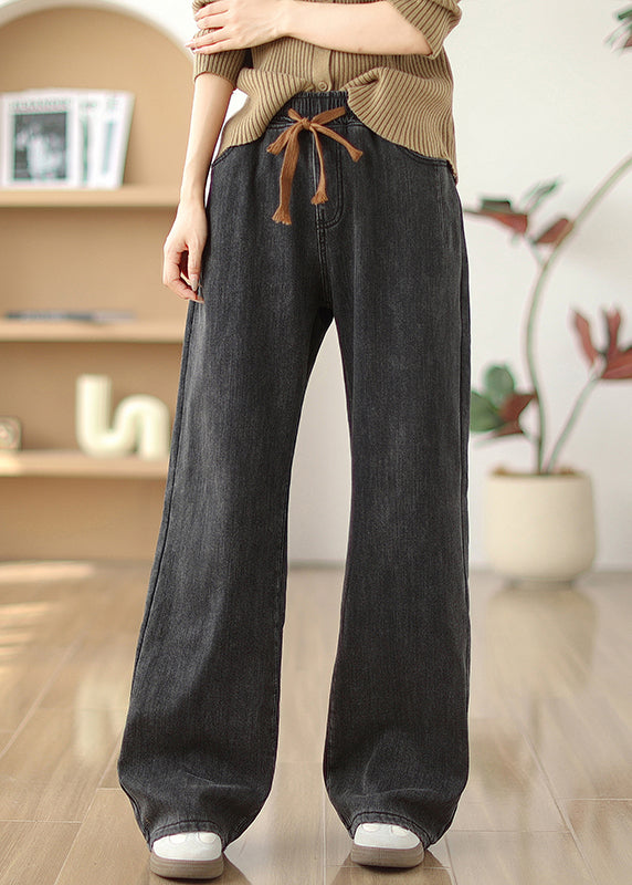 Boutique Black Grey Pockets Elastic Waist Warm Fleece Denim Straight Pants Winter