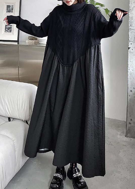 Boutique Black Turtleneck Patchwork Wrinkled Knit Maxi Dresses Winter