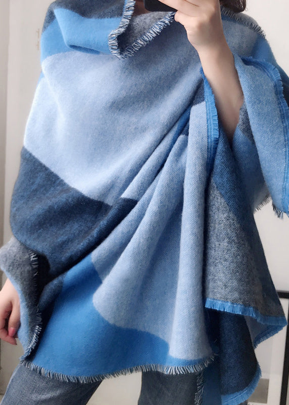 Boutique Blue Plaid Tasseled Autumn Winter Faux Cashmere Shawl