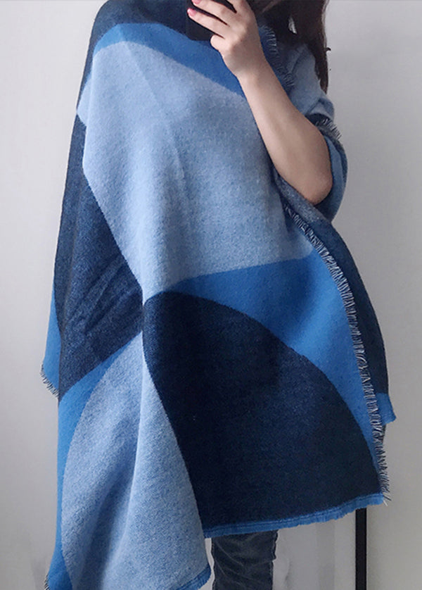 Boutique Blue Plaid Tasseled Autumn Winter Faux Cashmere Shawl