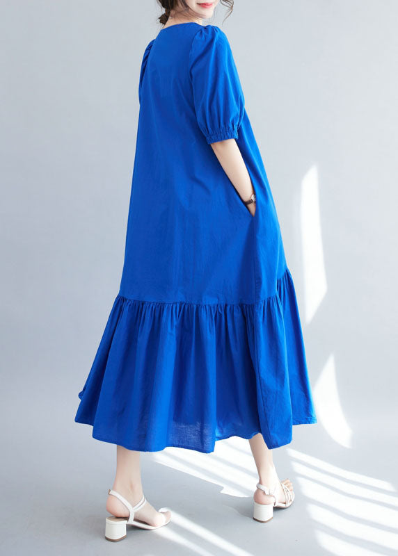 V Neck Blue Ruffle Patchwork Silk Long Dress Summer