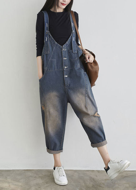 Boutique Patchwork Distressed Dark Blue Denim Jumpsuit Spring