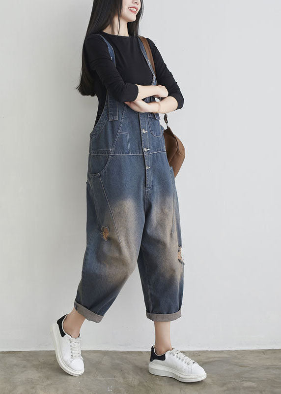 Boutique Patchwork Distressed Dark Blue Denim Jumpsuit Spring