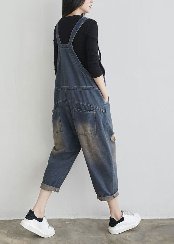 Boutique Patchwork Distressed Dark Blue Denim Jumpsuit Spring