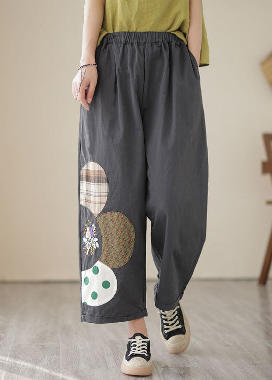 Dark Grey Pockets Patchwork Embroideried Cotton Straight Crop Pants Summer