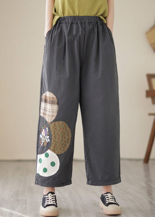 Dark Grey Pockets Patchwork Embroideried Cotton Straight Crop Pants Summer