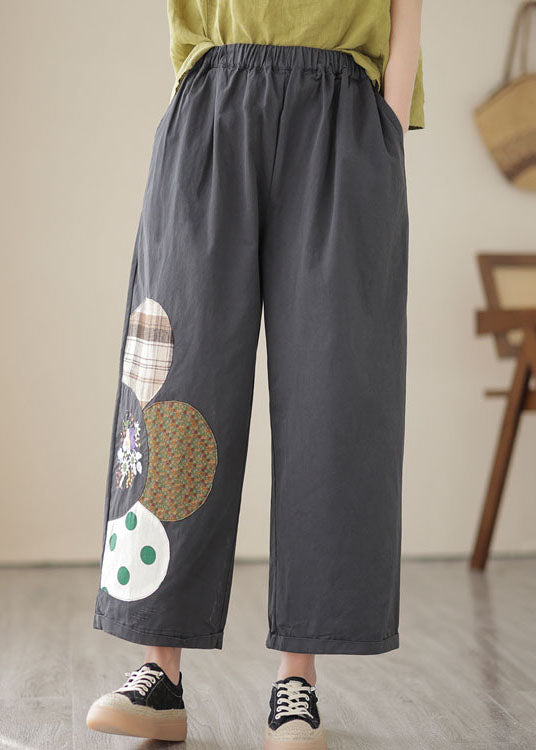 Dark Grey Pockets Patchwork Embroideried Cotton Straight Crop Pants Summer