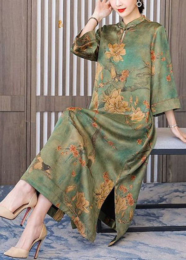 Green Printed Chinese Button Silk Bracelet Sleeve Long Dress