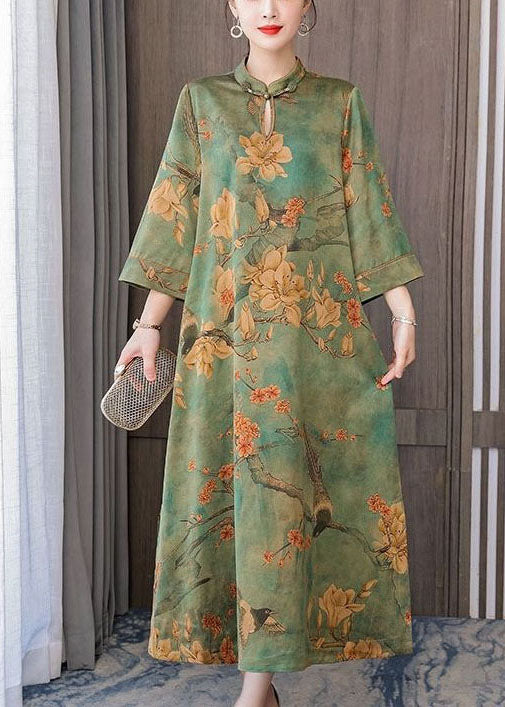 Green Printed Chinese Button Silk Bracelet Sleeve Long Dress