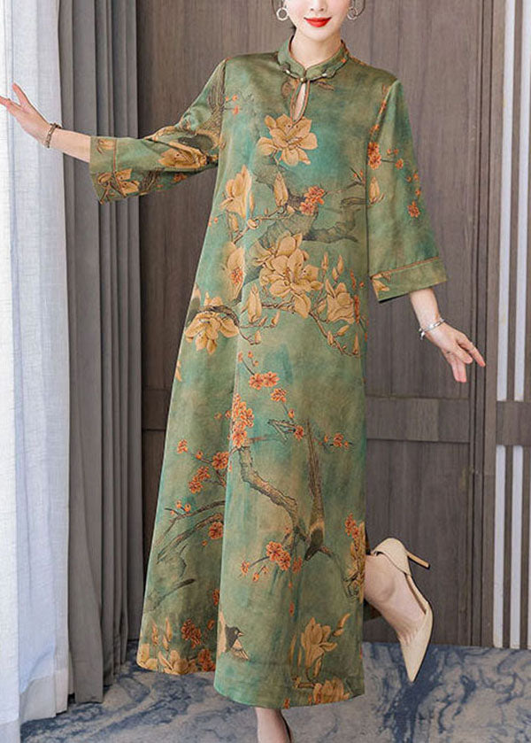 Green Printed Chinese Button Silk Bracelet Sleeve Long Dress