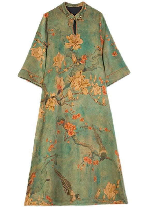 Green Printed Chinese Button Silk Bracelet Sleeve Long Dress