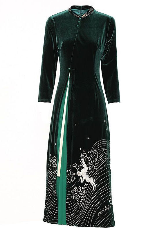 Boutique Patchwork Tasseled Embroideried Velour Green Dresses Spring