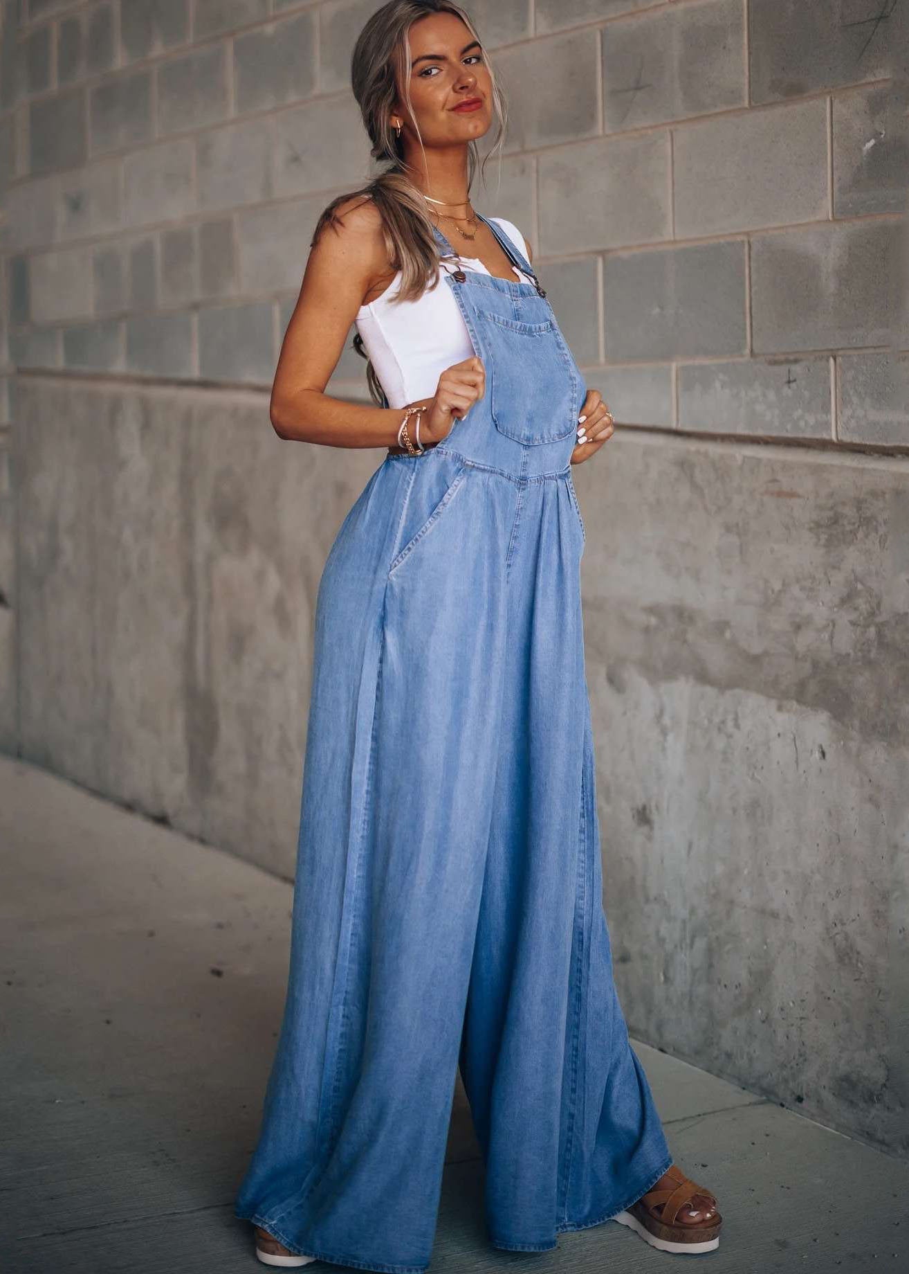 Boutique Patchwork Light Blue Denim Overalls Summer Jumpsuit