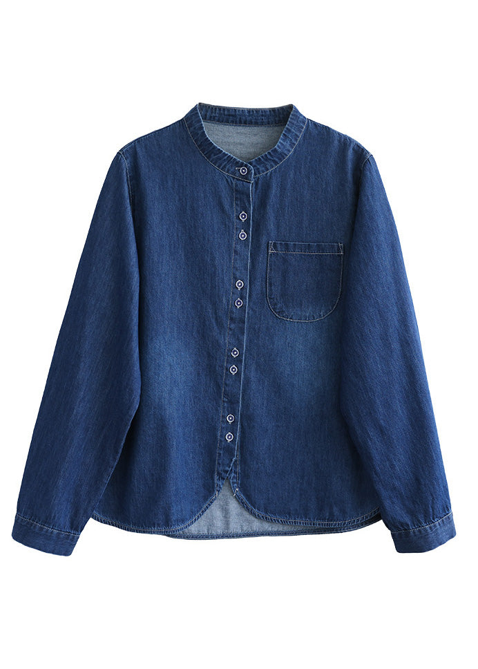 O-Neck Navy Patchwork Asymmetric Button Denim Shirt Spring