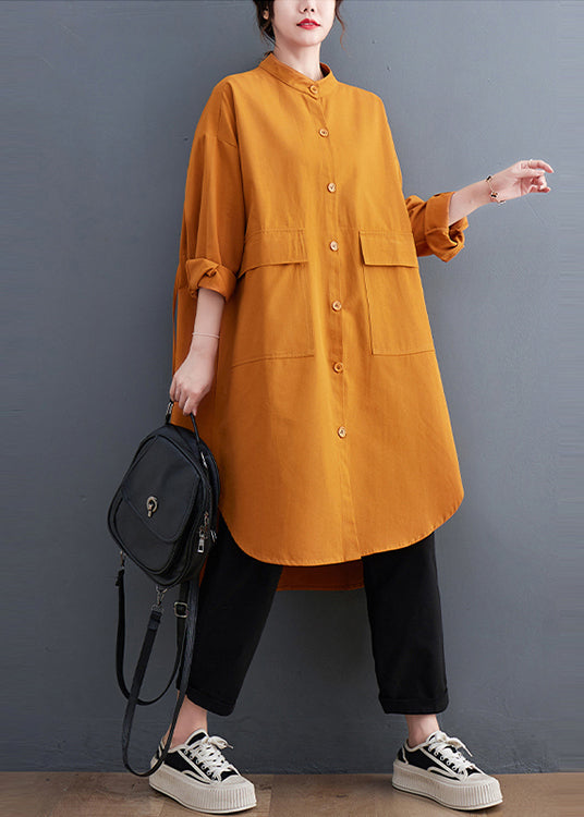 Boutique Orange Stand Collar Pockets Cotton Coat Fall