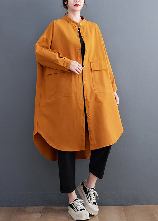 Boutique Orange Stand Collar Pockets Cotton Coat Fall