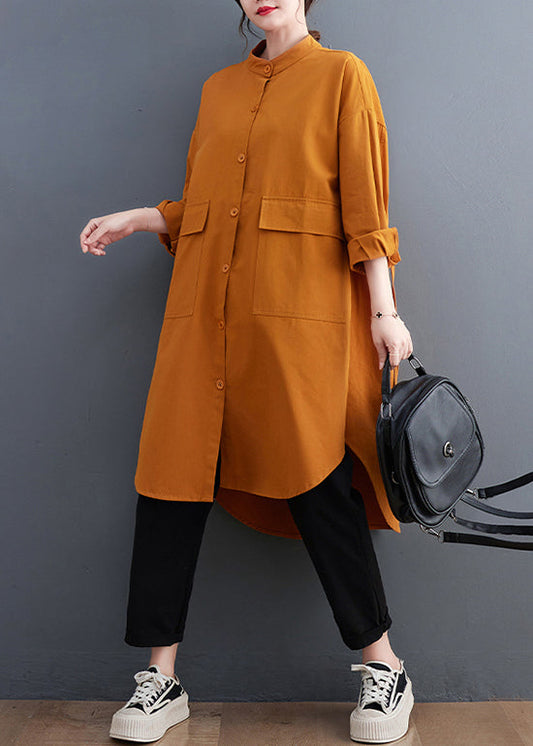 Boutique Orange Stand Collar Pockets Cotton Coat Fall