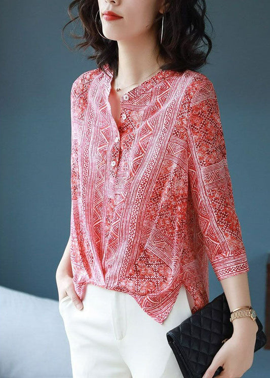 Boutique Red Print Button Patchwork Chiffon Blouse Tops Bracelet Sleev