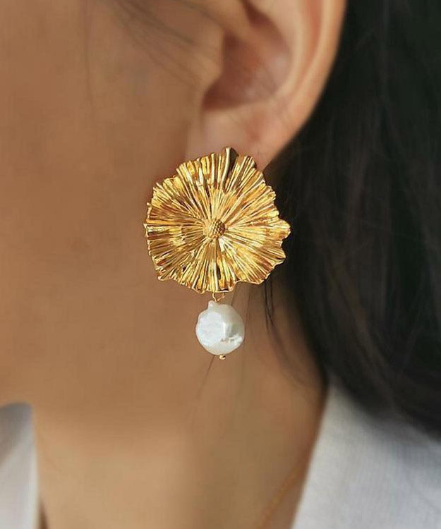 Boutique Yellow Copper Overgild Little Daisy Pearl Tassel Drop Earrings