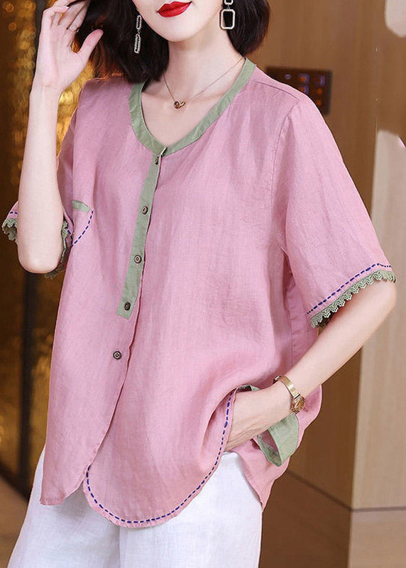 O-Neck Pink Patchwork Button Linen Shirt Short Sleeve