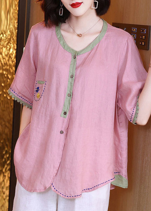 O-Neck Pink Patchwork Button Linen Shirt Short Sleeve