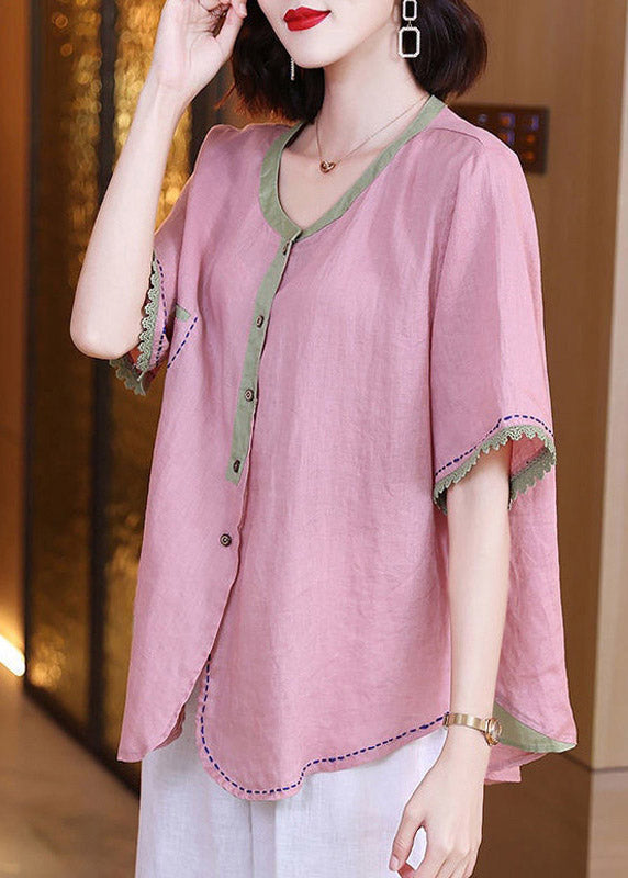 O-Neck Pink Patchwork Button Linen Shirt Short Sleeve