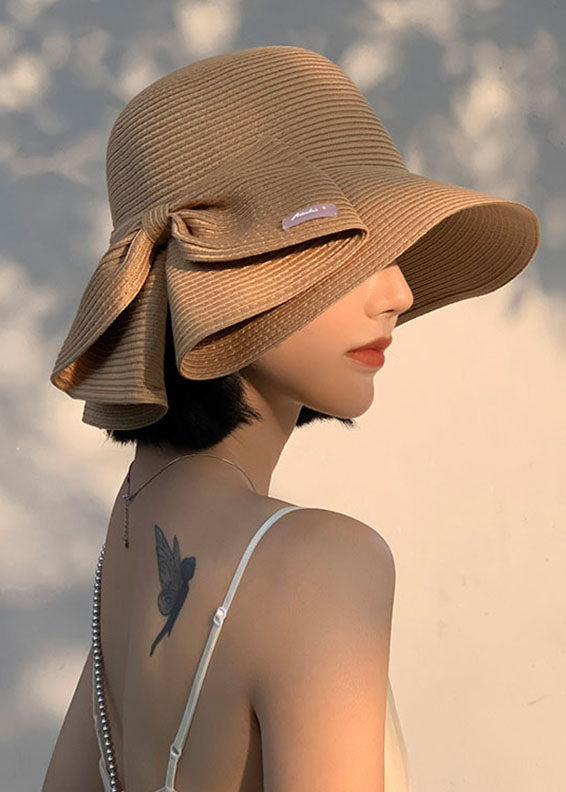 Brief Camel Bow Straw Woven Cloche Hat