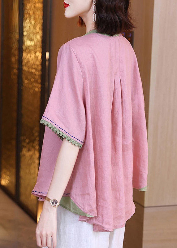 O-Neck Pink Patchwork Button Linen Shirt Short Sleeve