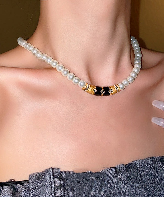 Brief White Alloy Pearl Zircon Drip Gratuated Bead Necklace