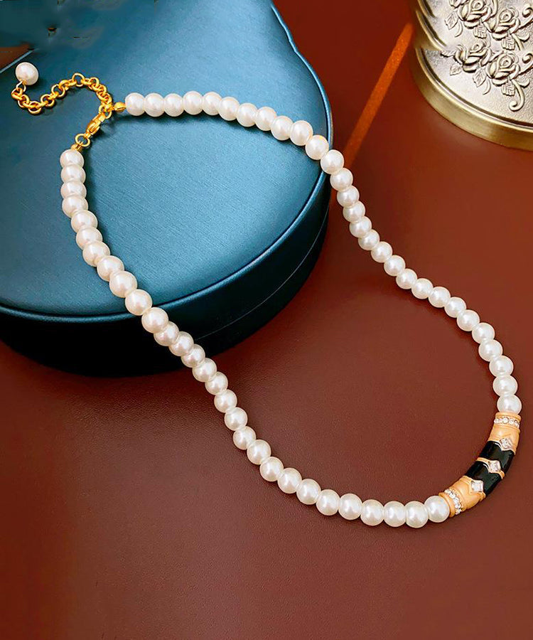 Brief White Alloy Pearl Zircon Drip Gratuated Bead Necklace