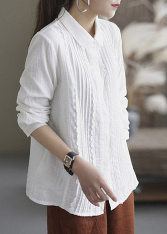 Brief White Peter Pan Collar Wrinkled Cotton Shirt Long Sleeve