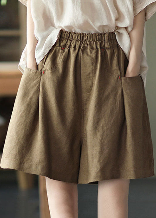 Brown Pockets Linen Wide Leg Shorts Elastic Waist Summer