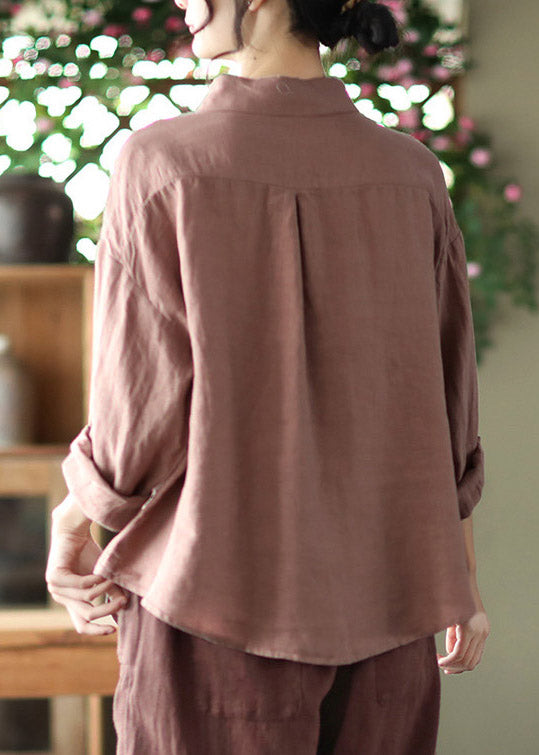 Brown Peter Pan Collar Button Linen Shirts Long Sleeve