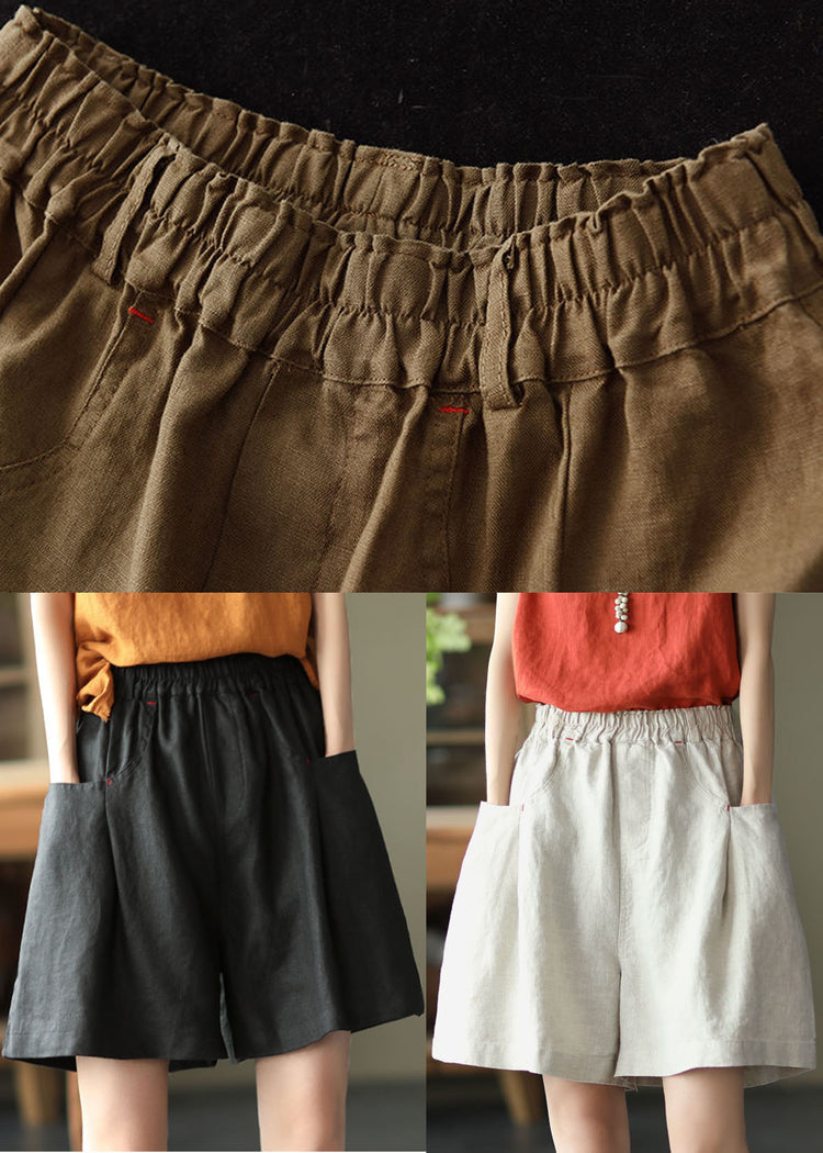 Brown Pockets Linen Wide Leg Shorts Elastic Waist Summer