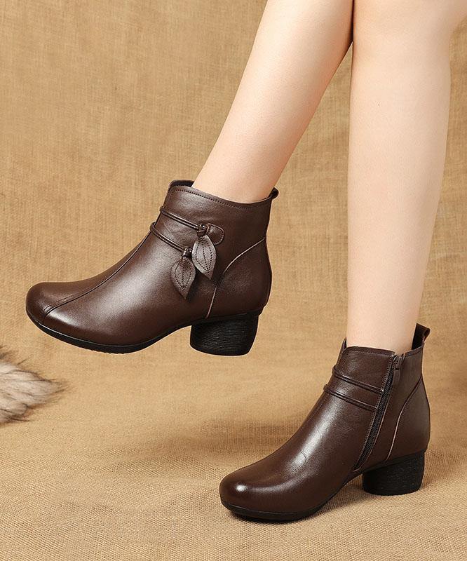 Brown Cowhide Leather zippered Splicing Boots