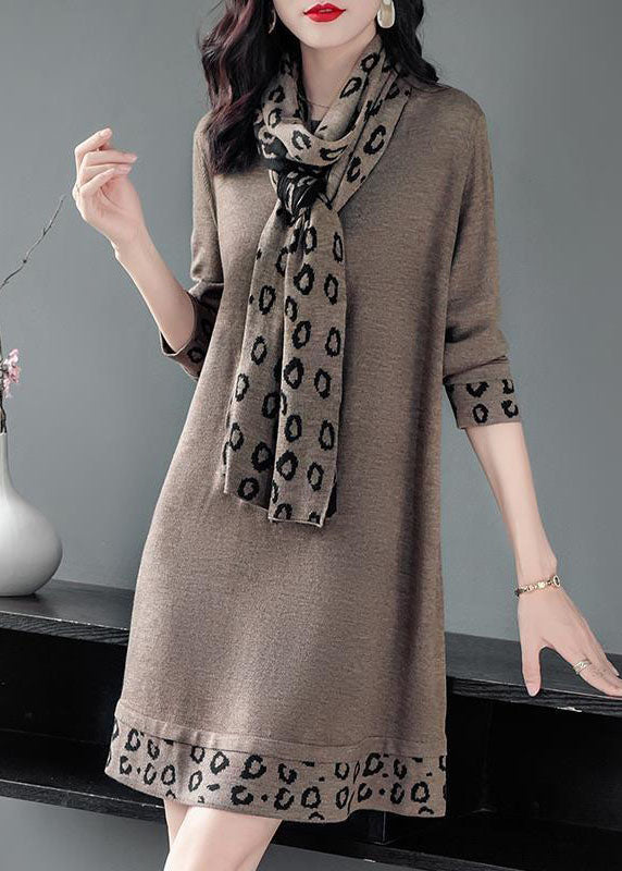 Camel Print Patchwork Knitted Dress O-Neck Scarf Long Sleeve