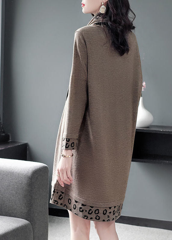 Camel Print Patchwork Knitted Dress O-Neck Scarf Long Sleeve