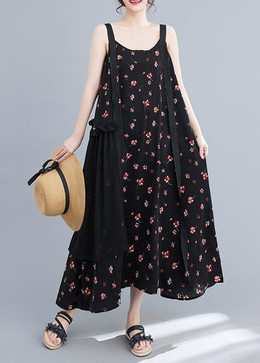 Casual Black Printed Chiffon Ruffle Patchwork Strap Dress Summer