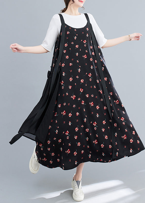 Casual Black Printed Chiffon Ruffle Patchwork Strap Dress Summer