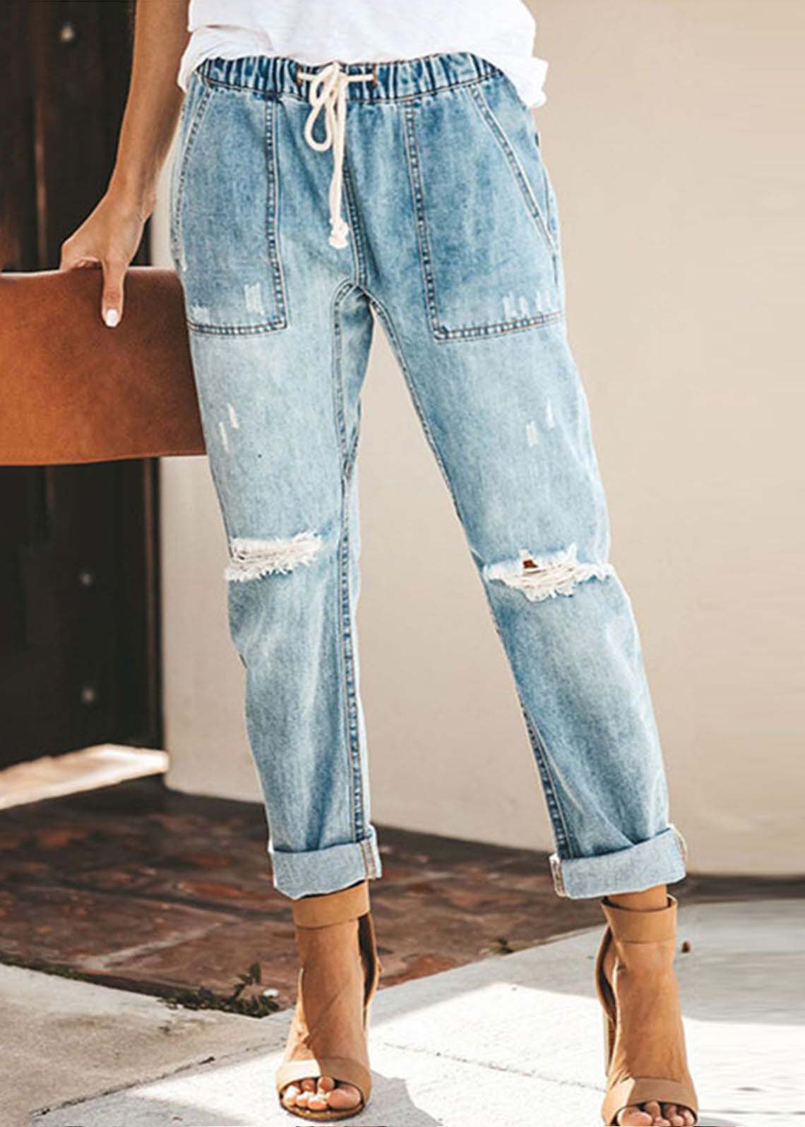 Summer casual blue elastic waist ripped denim harem pants