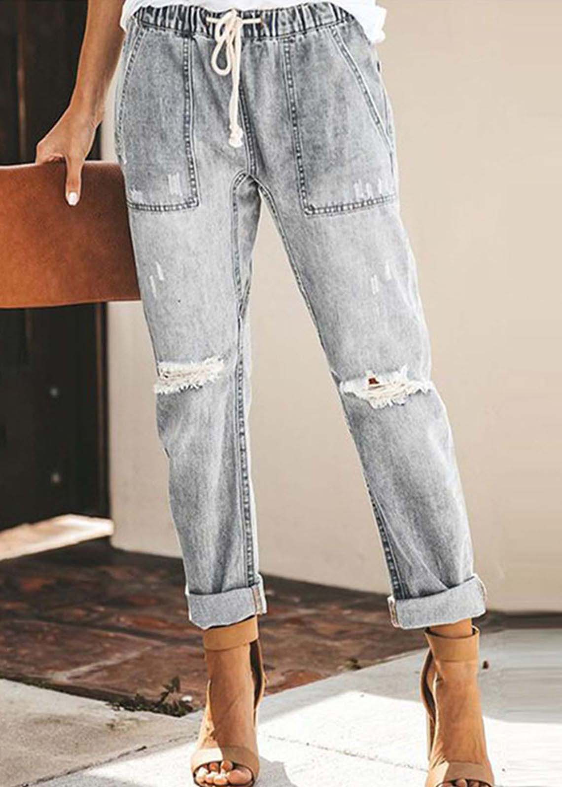 Summer casual blue elastic waist ripped denim harem pants